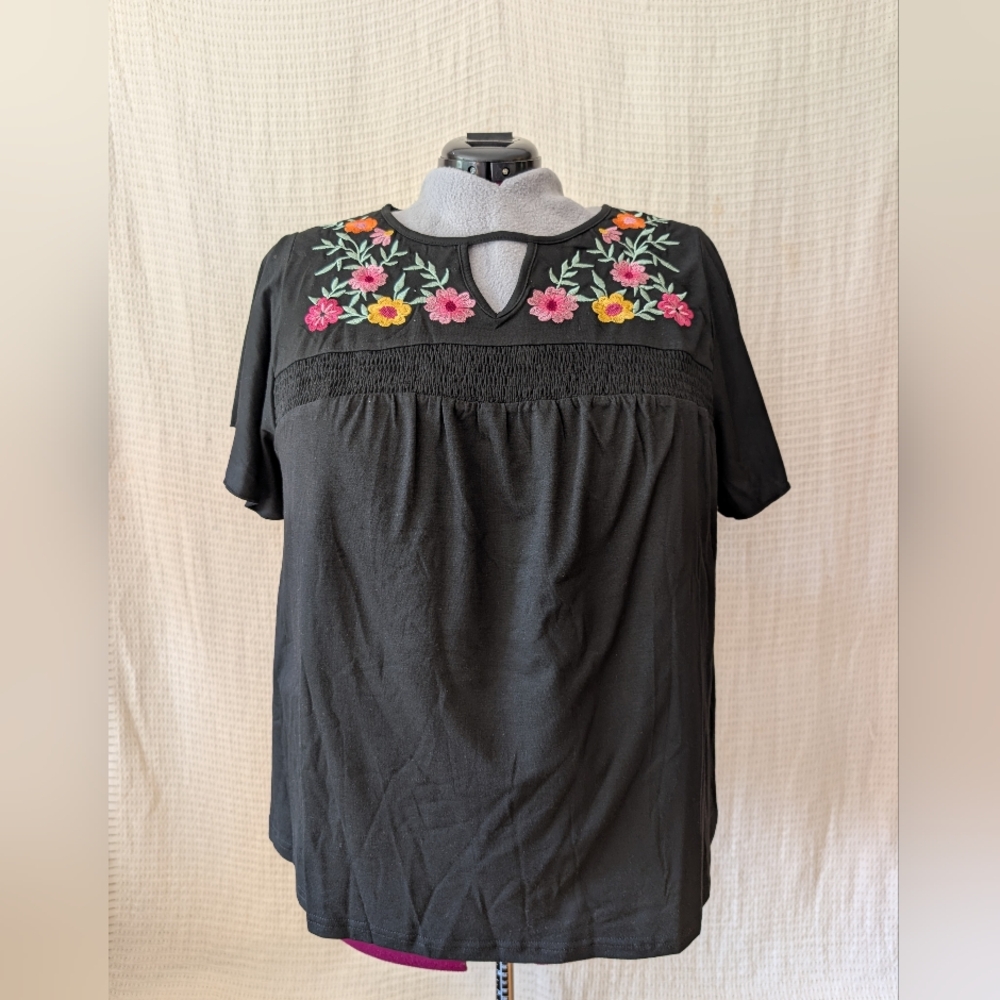 BloomChic Dark Gray Blouse with Floral Embroidery